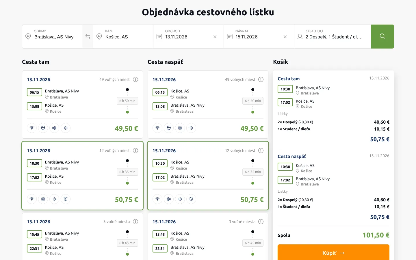 Výsledky vyhľadávania spojov tam a späť s košíkom