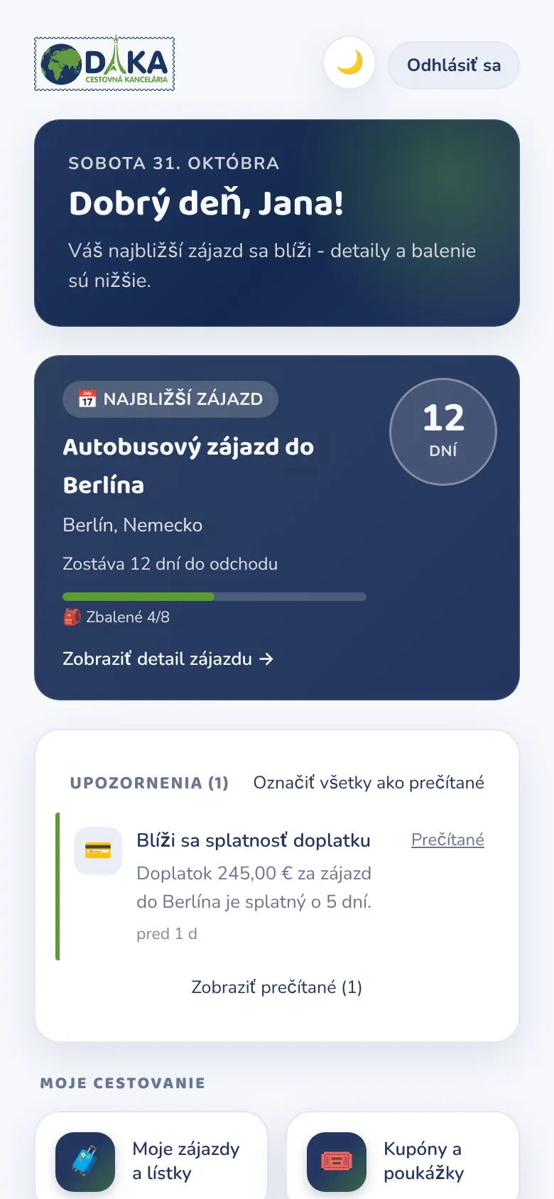 Domovská obrazovka s odpočtom do najbližšieho zájazdu a upozorneniami