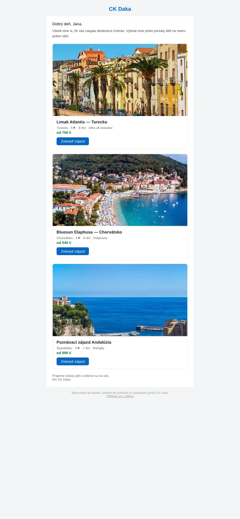 Personalizovaný e-mail s tromi odporúčanými zájazdmi (mobil)