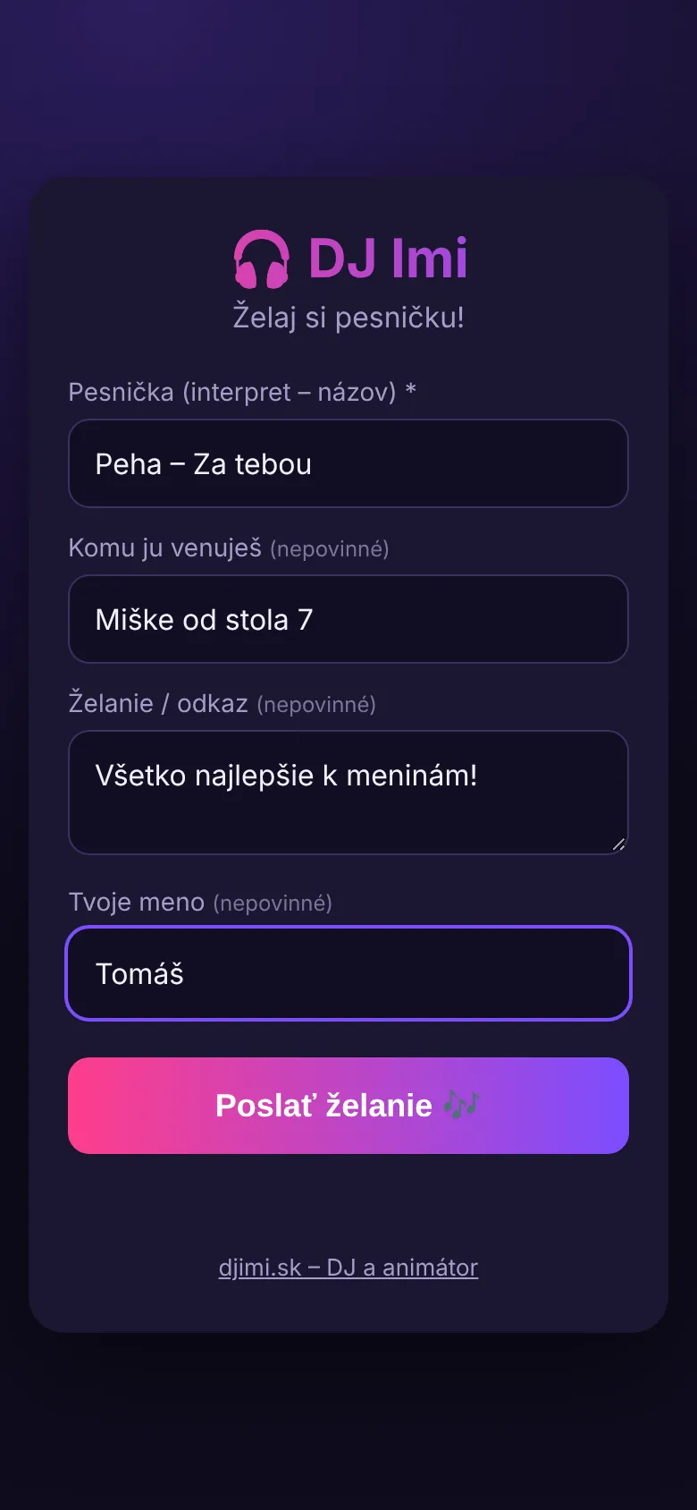 Formulár želania pesničky v mobile