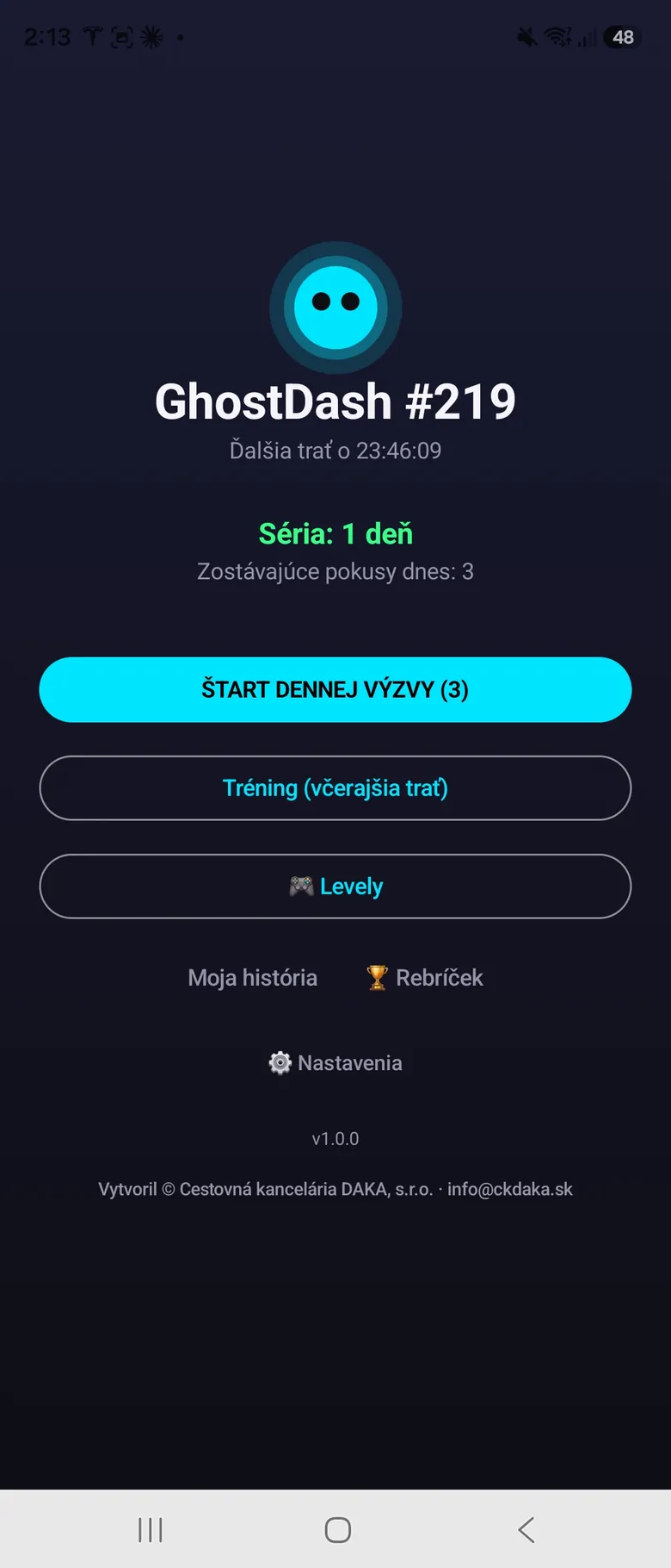 Domovská obrazovka dennej výzvy s odpočtom, sériou a zostávajúcimi pokusmi