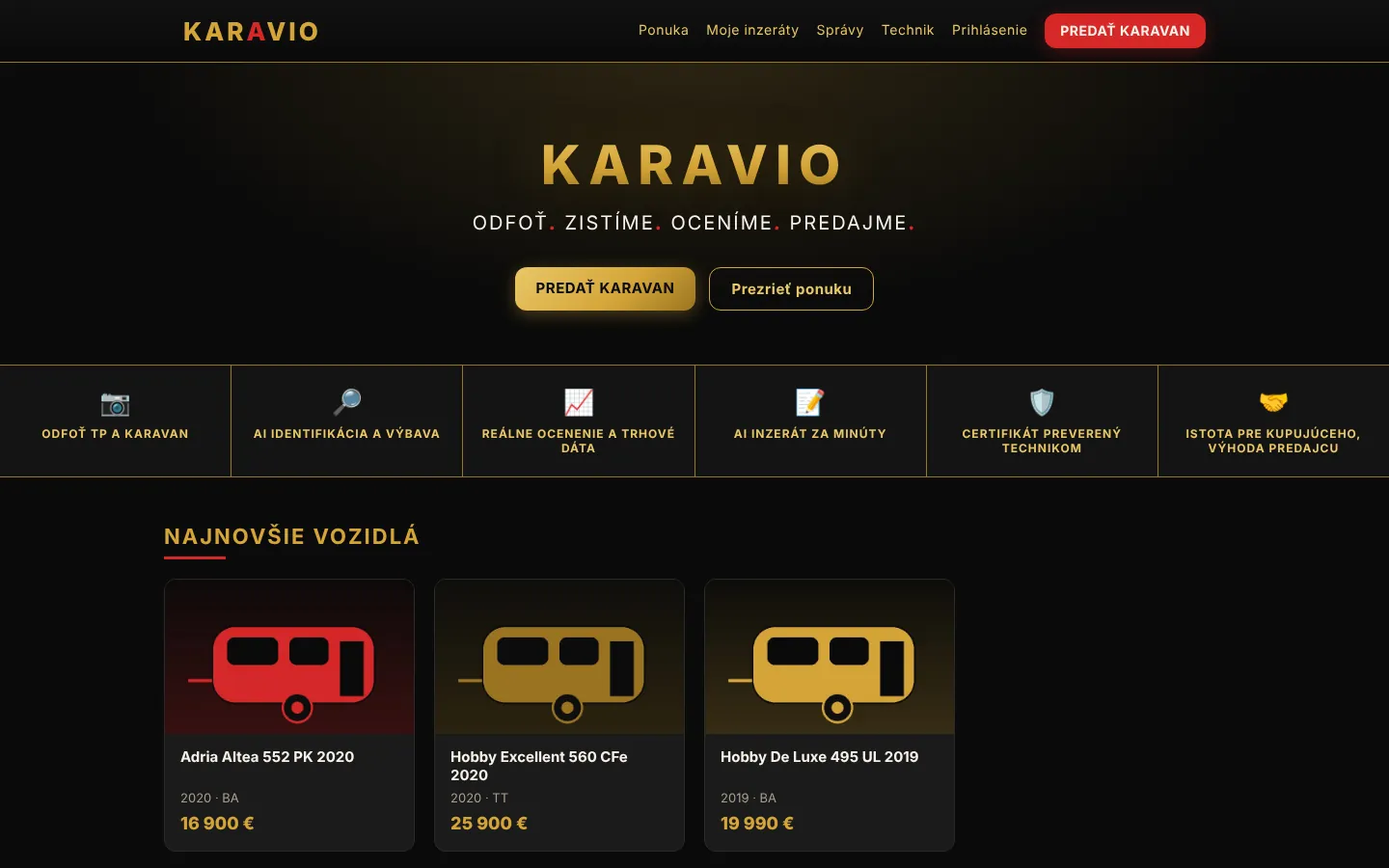 Úvodná stránka KARAVIO s najnovšími vozidlami