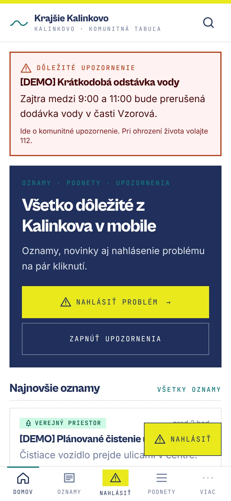 Domovská obrazovka s urgentným oznamom a spodnou navigáciou