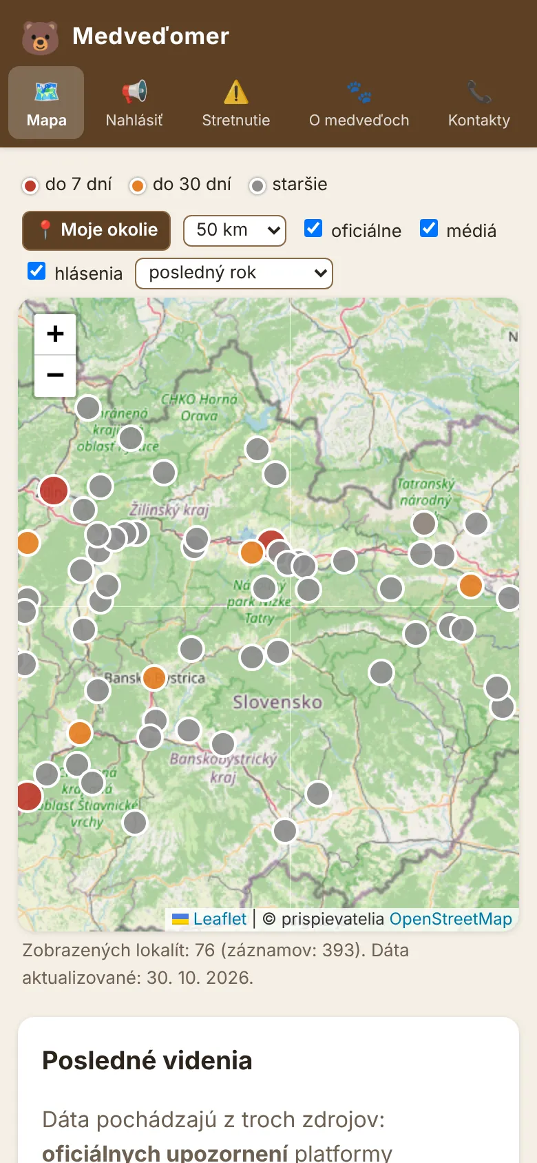 Mapa výskytu medveďa s farbou podľa čerstvosti videnia