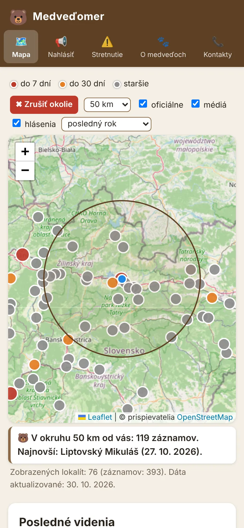 Funkcia „Moje okolie“ – záznamy v okruhu 50 km