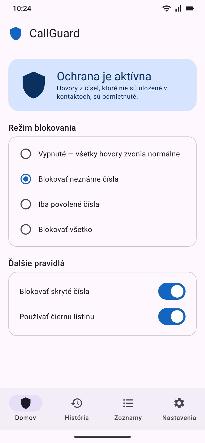 Domov – stav ochrany, režim blokovania a ďalšie pravidlá (náhľad UI)