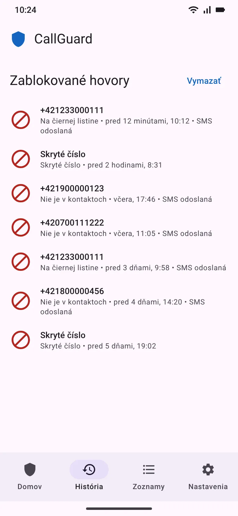 História zablokovaných hovorov s dôvodom a odoslanou SMS (náhľad UI)