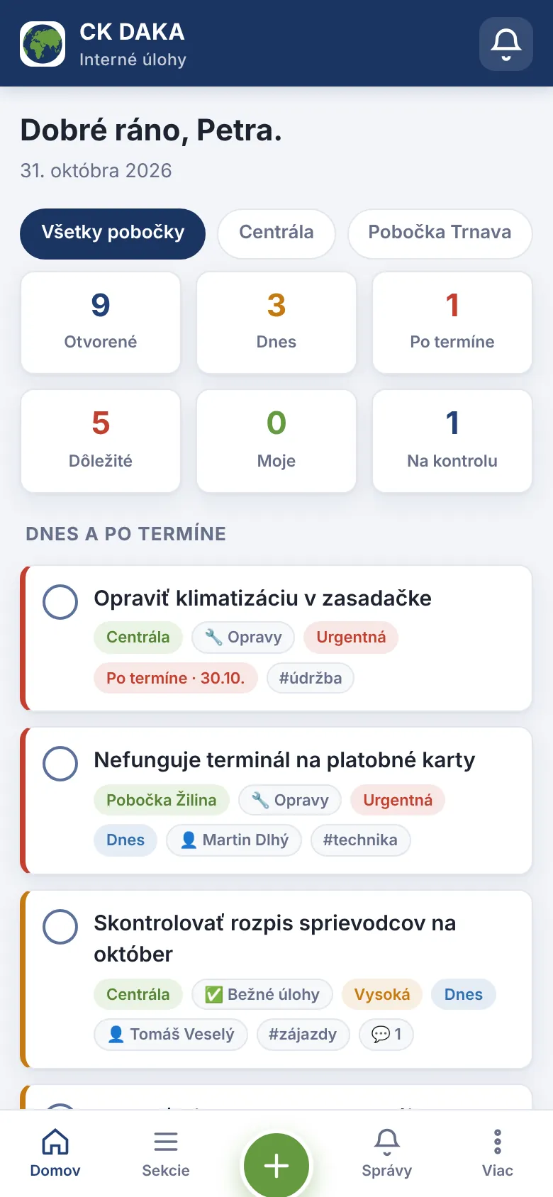 Denný prehľad – počty úloh a zoznam úloh na dnes a po termíne naprieč pobočkami