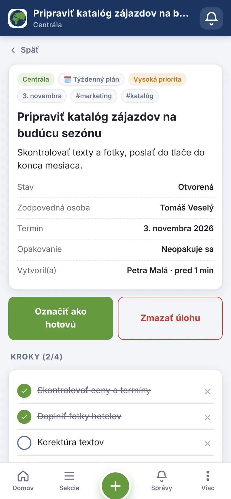 Detail úlohy s prioritou, termínom, zodpovednou osobou a krokmi